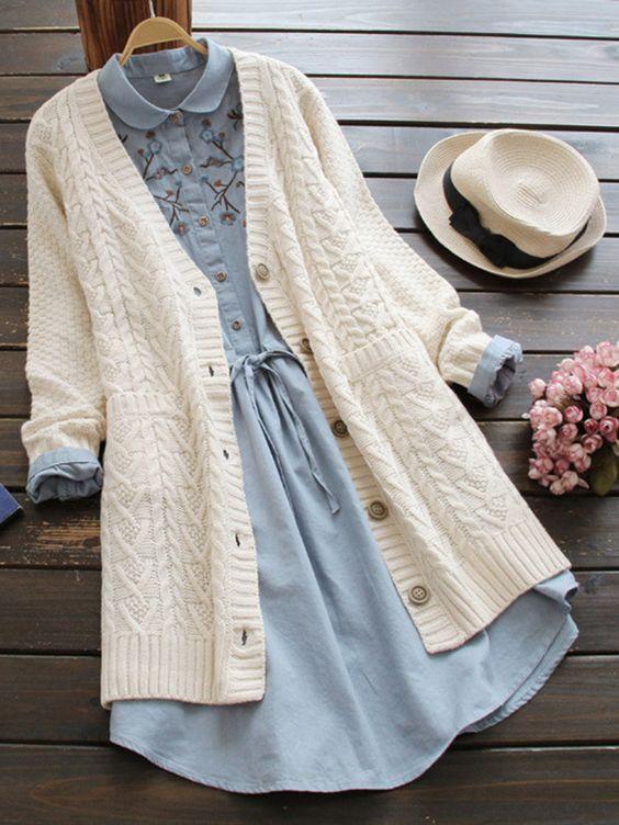 Exclusive Look Winter Proof White Color Long Sweater With Denim Embroidery Work Dress