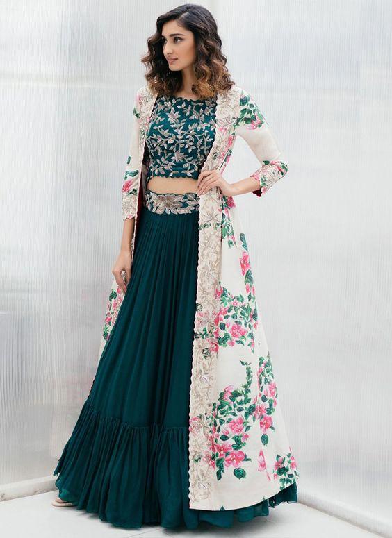 White Long Jacket With Floral Print And Comes With Emerald Green Lehenga & Embroidered Blouse