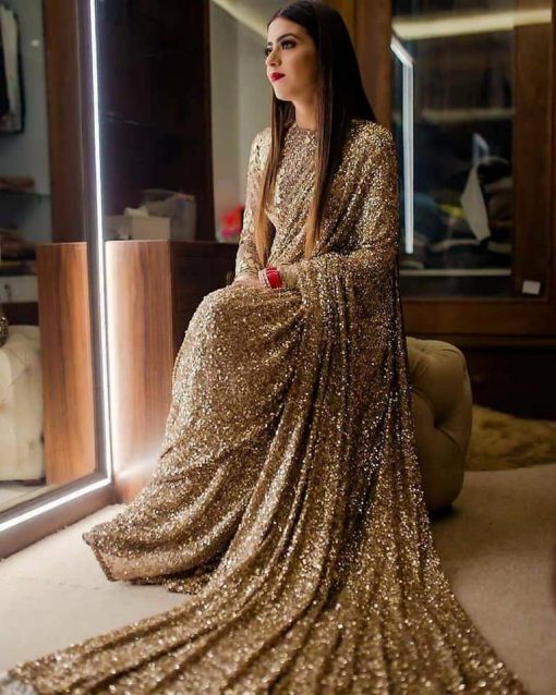 Bollywood Style Sequins Type Golden Color Saree With Amazing Blouse