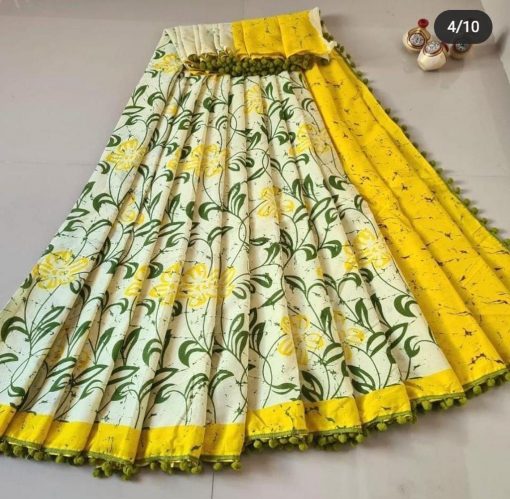 Traditional Wear Look Olive Green And Yellow Color Pure Cotton Saree