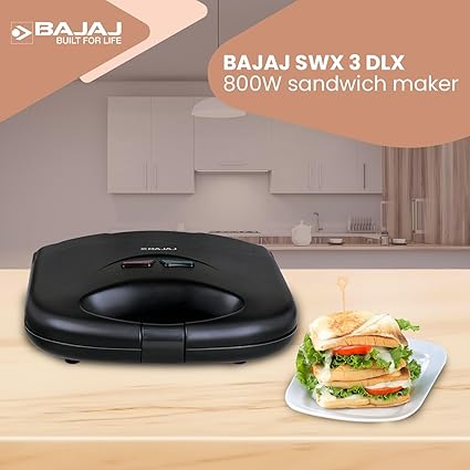 Bajaj SWX 3 Deluxe 800W 2-Slice Sandwich Toaster With Toast Plates | Non-Stick Coated Plates | Upright Compact Storage | Buckle Clip Handle | 2-Yr Warranty By Bajaj | Black Sandwich Maker