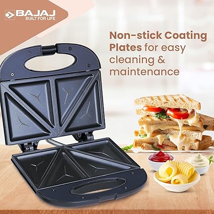 Bajaj SWX 3 Deluxe 800W 2-Slice Sandwich Toaster With Toast Plates | Non-Stick Coated Plates | Upright Compact Storage | Buckle Clip Handle | 2-Yr Warranty By Bajaj | Black Sandwich Maker