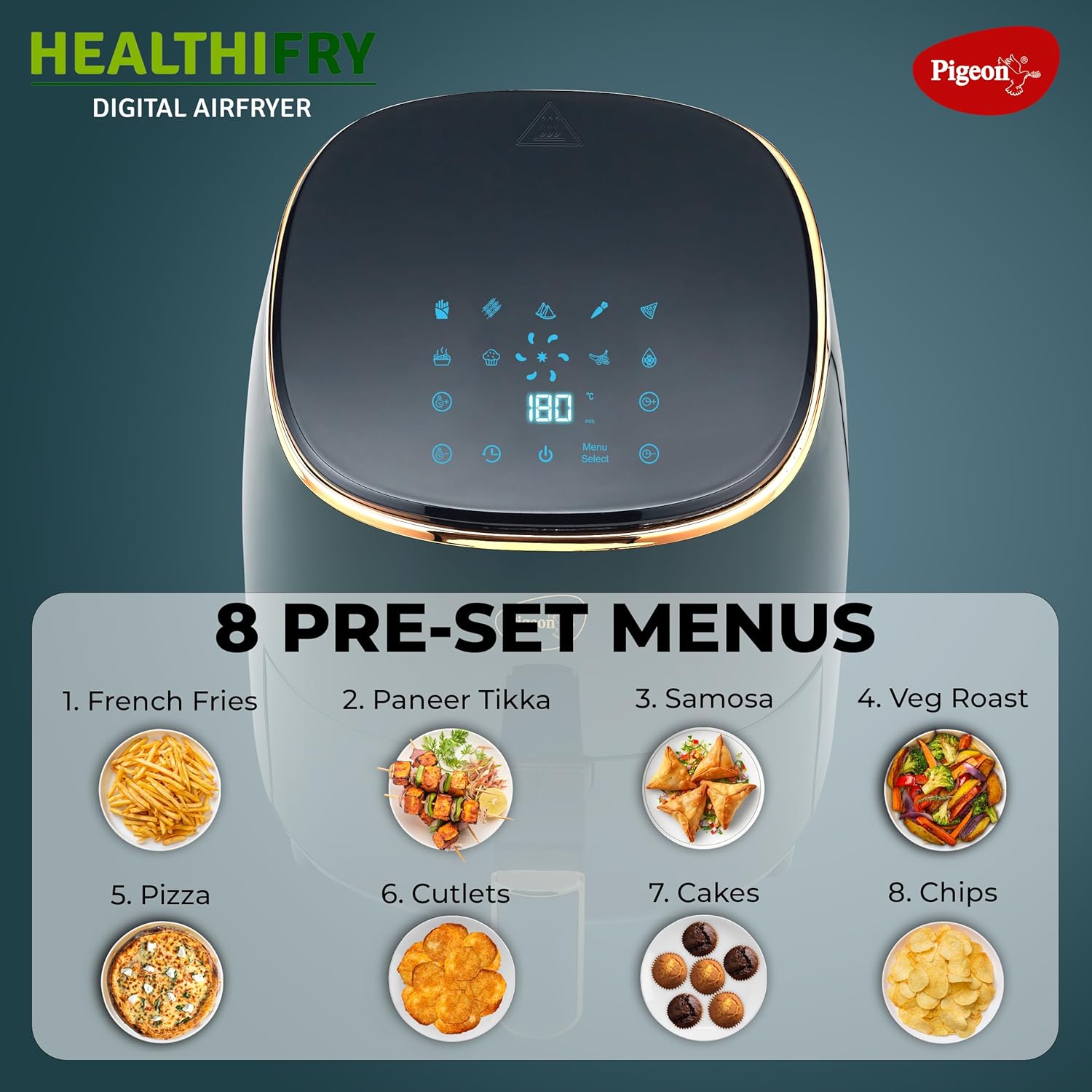 Pigeon Healthifry Digital Air Fryer 360 High Speed Air Circulation Technology 1200 W With Non Stick 4 2 L Basket  Green