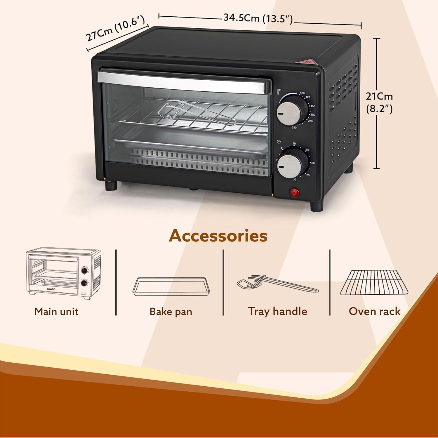 AGARO Marvel 9L Oven Toaster Griller Cake Baking Grilling Toasting OTG 800 Watts (Black)