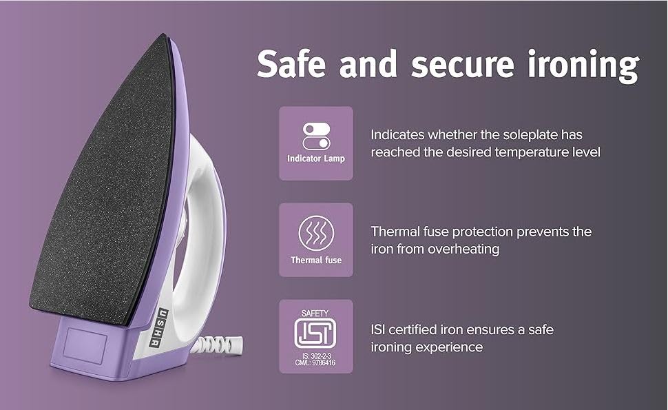 USHA EI Armor 1100 W Dry Iron With Black Weilburger Soleplate (Purple)1100 Watt