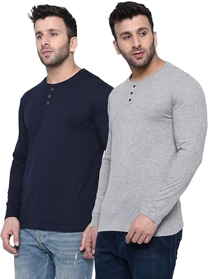 London Hills Men Solid Full Sleeve Cotton Blend Round Neck Regular Fit T-Shirt (Pack Of 2)