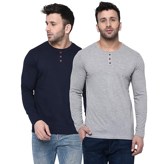 London Hills Men Solid Full Sleeve Cotton Blend Round Neck Regular Fit T-Shirt (Pack Of 2)